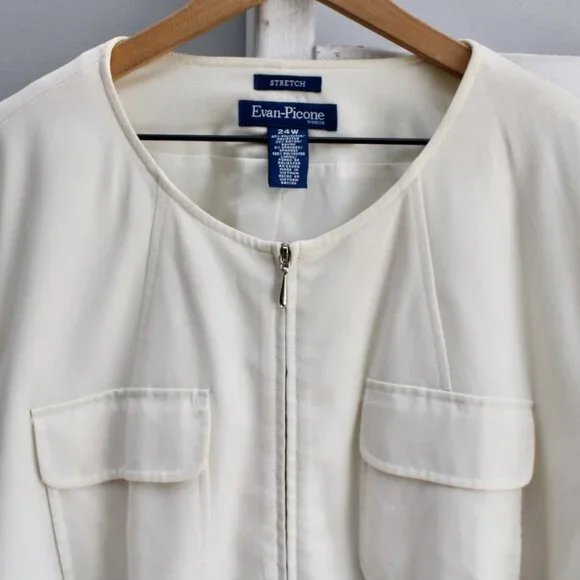 Evan Picone Cream Color Zipper Collarless Stretch Tailored Blazer Size 24W - Picture 4 of 6